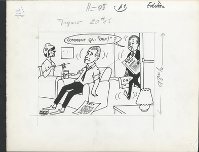 Le Figaro, Satirique en N & B, 1971_1_14: Social, CGT - Marianne, Seguy Georges, Chaban Delmas Jacques - Illustration by Jacques Faizant (1918-2006)