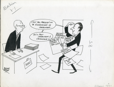 Le Figaro, Satirique en N & B, 1974_9_7: Budget Finances, President of the Republic - Chirac Jacques, Fourcade Jean-Pierre - Illustration by Jacques Faizant (1918-2006)