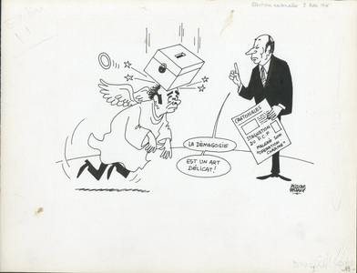 Le Figaro, Satirique en N & B, 1976_3_9: Elections, Religion, President of the Republic, Communist Party, Original drawing, Union of the Left, Joint Programme - Mitterrand Francois, Marchais Georges - Illustration by Jacques Faizant (1918-2006)