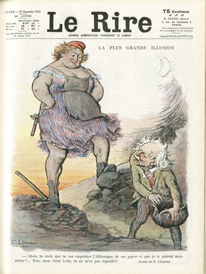 Illustration of Charles Leandre (1862-1934) for the Cover of Le Rire, 30/09/22 - The greatest illustion - Germany Prussia, England Great Britain, Reparations - Marianne, David Lloyd George (1863-1945) - Trivialite