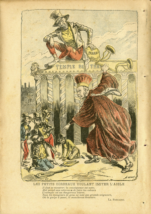 Illustration of Achille Lemot (1846-1909) in Le Pelerin, 1896-3-22 - Small crows wanting to imitate the Eagle - Justice Proces, Panama Case - Magistrate