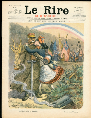 Cover of “” Le Lire rouge””, number 7, Satirique en couleurs, 1915_1_2: Belligerants et symbols - Marianne, Joffre - Illustration by Adolphe (Willette) (1857-1926)