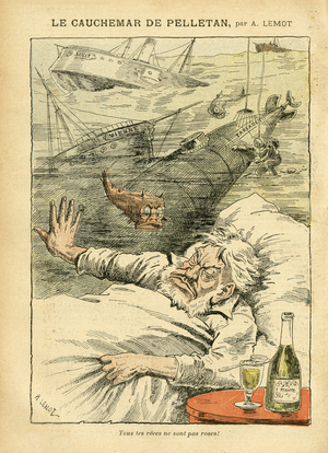 Illustration of Achille Lemot (1846-1909) in Le Pelerin, 30/07/05 - The Nightmare of Pelletan - Various Facts, Armee, Marine Marine Marine Seaside, Submarine, Disaster Accidents, Alcoholic Alcoholic Alcoholic, Farfadet, Sully, Warships - Fish, Pelletan Camille (1846-1915) - Reve