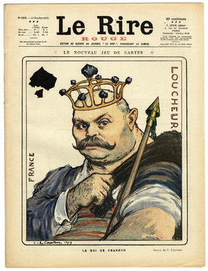 Cover of “” The Red Laughter””, Satirical in Colors, 1917_10_13: War of 14 -18: the new game of cards-the king of coal - Belligerants and symbols, Charcoal, Card game - Louis Loucheur (1872-1931) - Illustration by Charles Leandre (1862-1934)