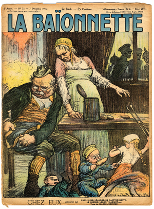 Cover of “” La Baionnette””, Satirical en Colours, 1916_12_7: War of 14 -18, Germany Prussia, Childhood, Family, Alcohol Alcoholism - Illustration by Charles Leandre (1862-1934)