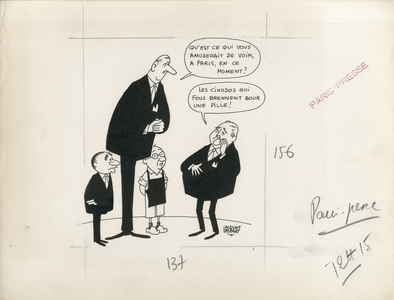 Paris-Presse, Satirique en N & B, 1966_2_10: Europe, President of the Republic, Agriculture - De Gaulle Charles, Faure Edgar, Pompidou Georges, Ehrard Ludwig - Illustration by Jacques Faizant (1918-2006)