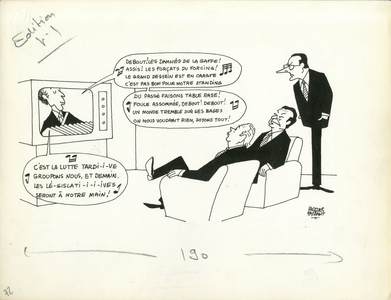 Le Figaro, Satirique en N & B, 1977_3_29: Television, President of the Republic, Municipal Elections - Giscard d'Estaing Valery, Chirac Jacques, Lecanuet Jean - Illustration by Jacques Faizant (1918-2006)