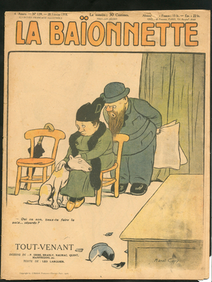 Cover of “” La Baionnette””, Satirical en Colours, 1918_2_28: War of 14 -18, Couple, Animals - Dog - Illustration by Marcel Capy (1865-1941)