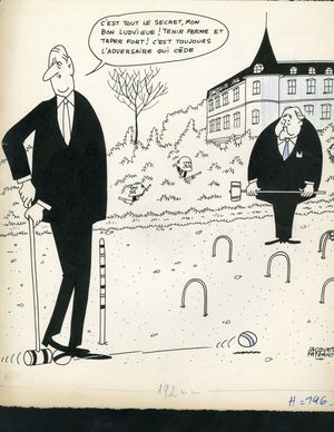 Le Nouveau candide, Satirique en N & B, 1965_1_21: England Great Britain, President of the Republic, Identifier, Original drawing - By Gaulle Charles, Ehrard Ludwig - Illustration by Jacques Faizant (1918-2006)