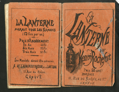 Cover of La Lanterne (Rochefort), circa 1870 - Switzerland, Text - Rochefort Henri