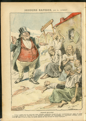 Illustration of Achille Lemot (1846-1909) in Le Pelerin, 17/06/06 - Fast rescue - Mines, Misere, Left Block, Charite, Mail - Women, Minors - Fat/Lean, Oppposition/Association