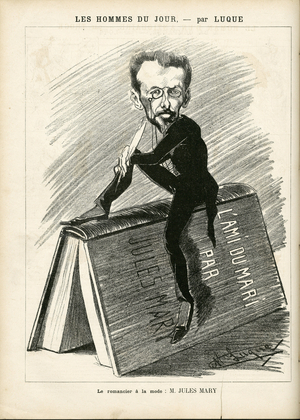 Illustration by Manuel Luque (1854-1919) in La Caricature (1880), 1886-3-20 - The novelist in fashion L'amour du mari - Literature, Books - Mary Jules (1851-1922)