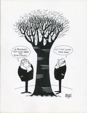 Jours de France, Satirique en N & B, 1983_2_19: Elections, Tree, Mairie - Mitterrand Francois, Mauroy Pierre - Illustration by Jacques Faizant (1918-2006)