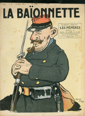 Cover of “” La Baionnette””, Satirique en Colours, 1916_1_27: War of 14 -18, Life of the Soldier, Smoking - Soldiers - Illustration by Marcel Capy (1865-1941)