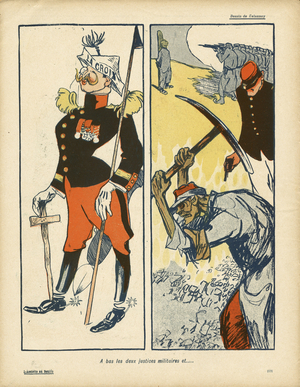 L'Assiette au Beurre, number 275, Satirique en couleurs, 1906_7_7: Antimilitarism, Armee, Repression, Conseil de guerre - Sabre et pin, Journal La Croix (lithograph)
