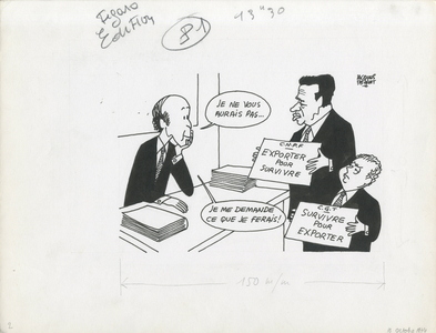 Le Figaro, Satirique in N & B, ca. 1974_10_10: Social, CGT, President of the Republic, Cnpf - Giscard d'Estaing Valery, Seguy Georges - Illustration by Jacques Faizant (1918-2006)