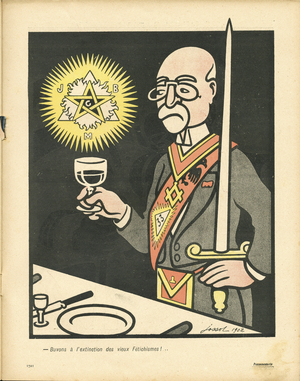 L'Assiette au Beurre, number 102, Satirique en couleurs, 1903_3_14: “” Let's drink to the extinction of old fetichisms! “” - Antimaconism, Religion, Franc Maconnerie (lithograph)