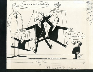 Le Figaro, Satirique en N & B, 1968_2_27: President of the Republic, Original drawing, Left Opposition - De Gaulle Charles, Mitterrand Francois, Marionettes, Mollet Guy, Waldeck Rochet - Illustration by Jacques Faizant (1918-2006)