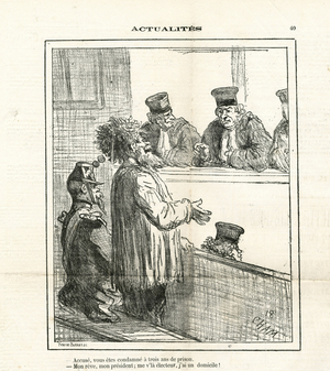 Illustration of Cham (1819-1879) in Le Charivari, 1873-2-19 - Elections, Justice proces, Repression, Paris Commune 1871, Electoral law Decoupage electoral - Magistrat, Misereux, poor, SDF, Communard