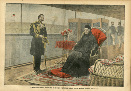 Illustration of Eugene Damblans (1865-1945) in Le Pelerin, 11/08/07 - Emperor William II aboard his Yacht The Impress Eugenie, widow of Napoleon III - Germany Prussia, Second Empire, Yachting - Napoleon III, William II, Eugenia