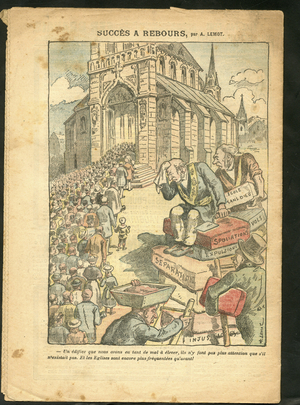 Illustration by Achille Lemot (1846-1909) in Le Pelerin, 11/04/09 - Countdown Succes - Antimaconism Freemaking, Teaching, Religion Faith, Atheism, Catholic Catholicism - Separation of Church and State, Evictions of Religious