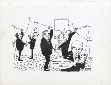 Le Figaro, Satirique en N & B, 1975_10_15: President of the Republic, USSR, Official Visit - Giscard d'Estaing Valery, Brezhnev, Fourcade Jean-Pierre - Illustration by Jacques Faizant (1918-2006)