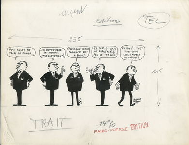 Paris-Presse, Satirique en N & B, 1963_3_10: Social, Greve, President of the Republic - Pompidou Georges - Illustration by Jacques Faizant (1918-2006)