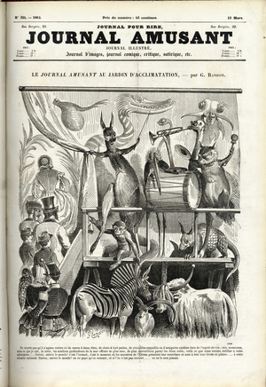 Le Diary Fun, 1862_3_15 - Illustration by Randon (1814-1884): Animals, Garden of Acclimatation, Museum of Natural History - Monkey, Kangaroo, Zebra