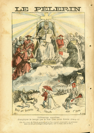 Illustration of Achille Lemot (1846-1909) in Le Pelerin, 1896-11-1 - Different ways of using the time that the good God gives us - Italy, Vatican, Verrerie ouvriere d'Albi - Pelerinages, Laicisation Laicite Lois laiques - Rochefort Henri (1831-1913), Leon XIII, Cardinal Cardinal Cardinals, Missionaries, Missionaries, Missionaries, Popes
