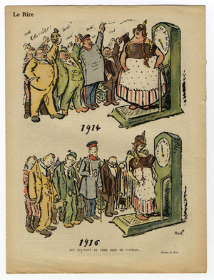 Red Laughter, Satirical in Colours, 1916_10_28: War of 14 -18: “” Who often wears, well knows each other”” - Germany Prussia, Belligerants and Symbols, Restrictions Rationoning - Germania - Illustration by Marcel Noblet (Nob) (1880-1935)