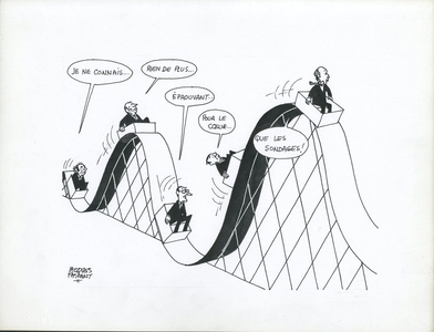 Jours de France, Satirique en N & B, 1981_2_21: Elections, President of the Republic, Polls - Giscard d'Estaing Valery, Mitterrand Francois, Marchais Georges, Chirac Jacques, Debre Michel - Illustration by Jacques Faizant (1918-2006)