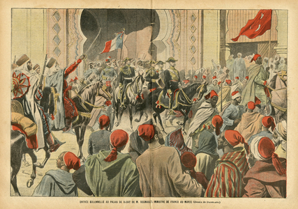 Illustration of Eugene Damblans (1865-1945) in Le Pelerin, 20/10/07 - Solemn entrance to the Palais de Rabat by Mr. Regnault, Minister of France in Morocco - Colonization Colonialism Colonies, Architecture Urbanisme, Morocco, Official Visit - Regnault Eugene (1857-1933)