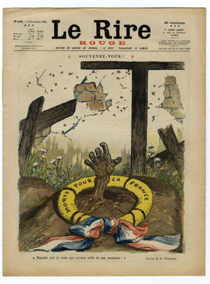 Cover of “” The Red Laughter””, Satirical in Colors, 1916_11_4: Remember “” Cursed be the hand that will shake that of our assassins”” - War of 14 -18, Belligerants and Symbols, Cemetery - Illustration by Adolphe (Willette) (1857-1926)