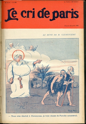 Cover of “” The Cree of Paris””, 1912_7_28 - Illustration by Ricardo Flores (1878-1918): The dream of Mr. Clemenceau - President of the Republic, Government - Paradis - Clemenceau George, God, Fallieres Armand (1841-1931) - Religious metaphore