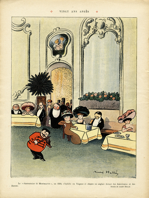 Illustration of Andre Helle (1875-1945) in Le Rire, 02/07/10 - Twenty Years After - Music, Restaurant Cafes, Fashion, Hat, Violin