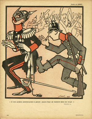 L'Plate au Butter, number 347, Satirique en Colours, 1907_11_23: “” If my soldiers started to think, none of them would remain in the ranks - Frederic II”” - Antimilitarism, Germany Prussia, Armee, Emutes revolts - William II, Soldiers - Illustration by Gustave-Henri Jossot (Jossot) (1866-1951)
