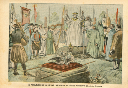 Illustration of Edouard Carrier in Le Pelerin, 18/09/04 - The proclamation of peace by the archidruid at the Panceltic Congress - Music, Religion Faith, Harp, Celts, Paian Paganism