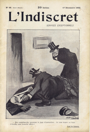 Cover of L'Indiscret, Satirique en N & B, 1902_12_17: Justice Proces - Judges, examining magistrates - Illustration by Leal de Camara (1877-1948)