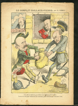 Illustration of Achille Lemot (1846-1909) in Le Pelerin, 07/03/09 - The Caillaux-Picard Conflict - Taxation, Income Tax - Combes Emile (1835-1921), Clemenceau George, Caillaux Joseph (1863-1944)
