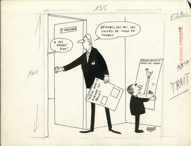 Paris-Presse, Satirique en N & B, 1963_9_6: President of the Republic, Gastronomy, Agriculture, Agri-Food - Poule, De Gaulle Charles, Pompidou Georges, Messmer Pierre - Illustration by Jacques Faizant (1918-2006)