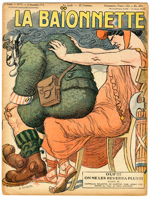 Cover of “” La Baionnette””, Satirical in Colors, 1916_11_23: War of 14 -18, Germany Prussia, French Revolution, Belligerants and Symbols, Smoking - Marianne, Fritz - Illustration by Adolphe (Willette) (1857-1926)