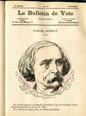 Cover of “” Le Bulletin de vote””, Satirique en Couleurs, 1877: Duprat Pascal - Illustration by Louis Alexandre Gosset de Guines (Gill) (1840-1885)