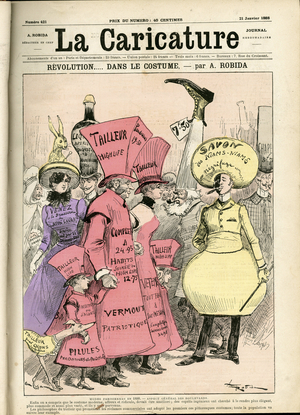 Illustration by Albert Robida (1848-1926) for the Cover of La Caricature (1880), 1888-1-21 - Revolution... in the costume - Advertising, Fashion