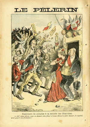 Illustration of Achille Lemot (1846-1909) in Le Pelerin, 1896-10-25 - settlement of accounts at the rent of the Chambers - Religion Faith, Alliance Franco-Russe, President of the Republic, Chamber of Deputes Hemicycle, Interpellation, Catholic Catholicism - Faure Felix