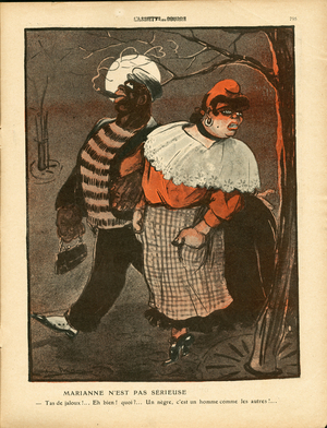 L'Assiette au Beurre, number 414, Satirique en couleurs, 1909_3_6: Racism, Prostitution - Marianne, Prostituee, Black (lithograph)