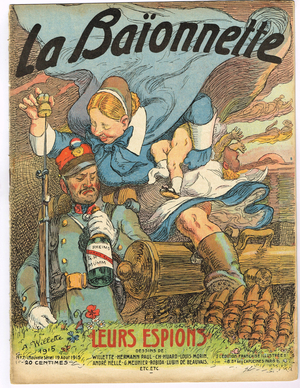 Cover of “” La Baionnette””, Satirique en Colours, 1915_8_19: War of 14 -18, Canons, shells, Champagne, Espionage Illustration by Adolphe (Willette) (1857-1926)