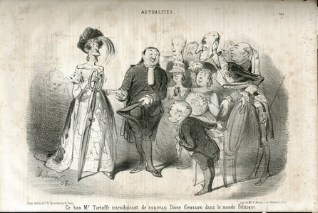 Illustration by Charles Vernier (? -1887) in Le Charivari, 1850-8-16 - Ce bon Mr Tartuffe - Censorship, Press/Media, Theatre, President of the Republic - Thiers Adolphe, Anastasie, Royaume/Monarchy, Dupin Andre-Marie dit Dupin aine (1783-1865), Berryer Pierre Antoine dit Berryer Jr. (1790-1868), Jesuites - Fleur de Lily - Change of scale