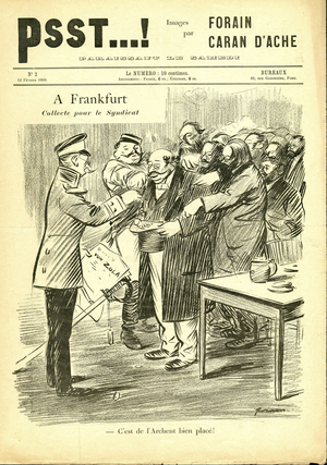 Illustration by Jean-Louis Forain (1852-1931) in Psst...! , 1898-2-12 - A Frankfurt Collecting for the Union - Germany Prussia, Antisemitism, Case Dreyfus, Silver, Patriotism, Frankfurt Frankfurt - Zola Emile, Jew