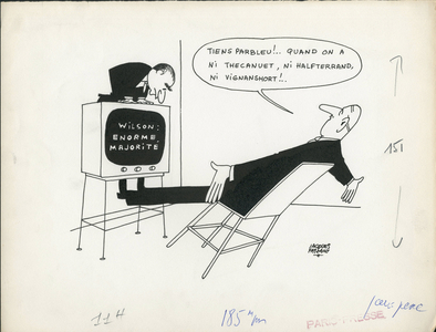 Paris-Presse, Satirique en N & B, 1966_4_3: Television, President of the Republic, Armchair (symbol of power) - De Gaulle Charles, Pompidou Georges - Illustration by Jacques Faizant (1918-2006)