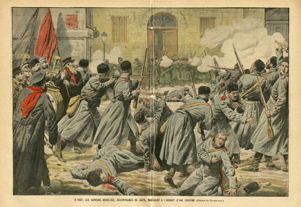 Illustration of Eugene Damblans (1865-1945) in The Pelerin, 17/12/05 - In Kief (Kiev), the revolt sappers, accompanied by Jews, march on a barracks - Russia, Red Flag, Barracks, Revolts, Revolution of 1905, Kiev Kief - Jew, Soldiers